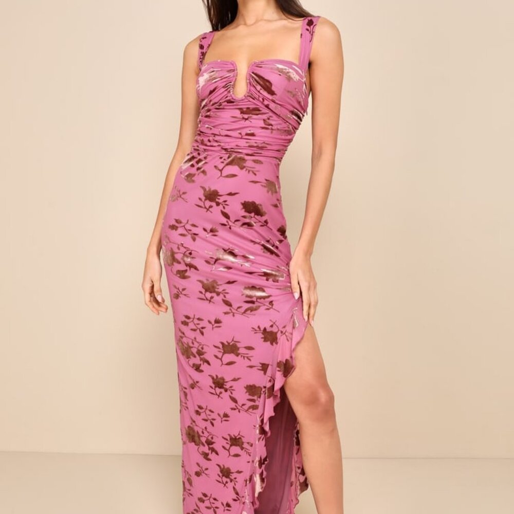 Lulus Dramatic Confidence Mauve Pink Floral Velvet Burnout Maxi Dress